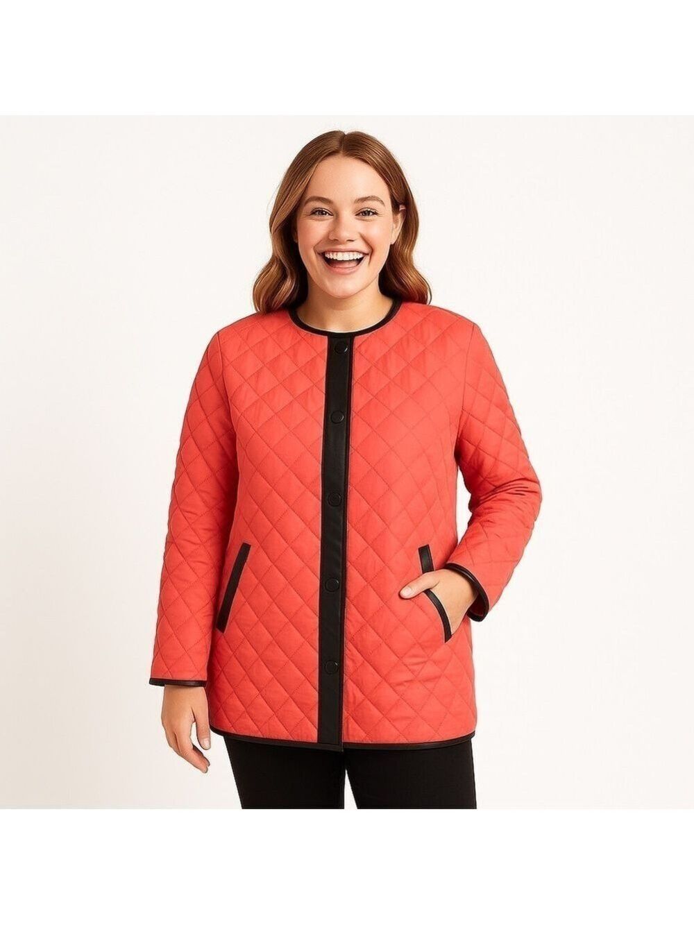 ASOS Coral w/ Black Faux Leather Trim Quilted Jacket Size 14